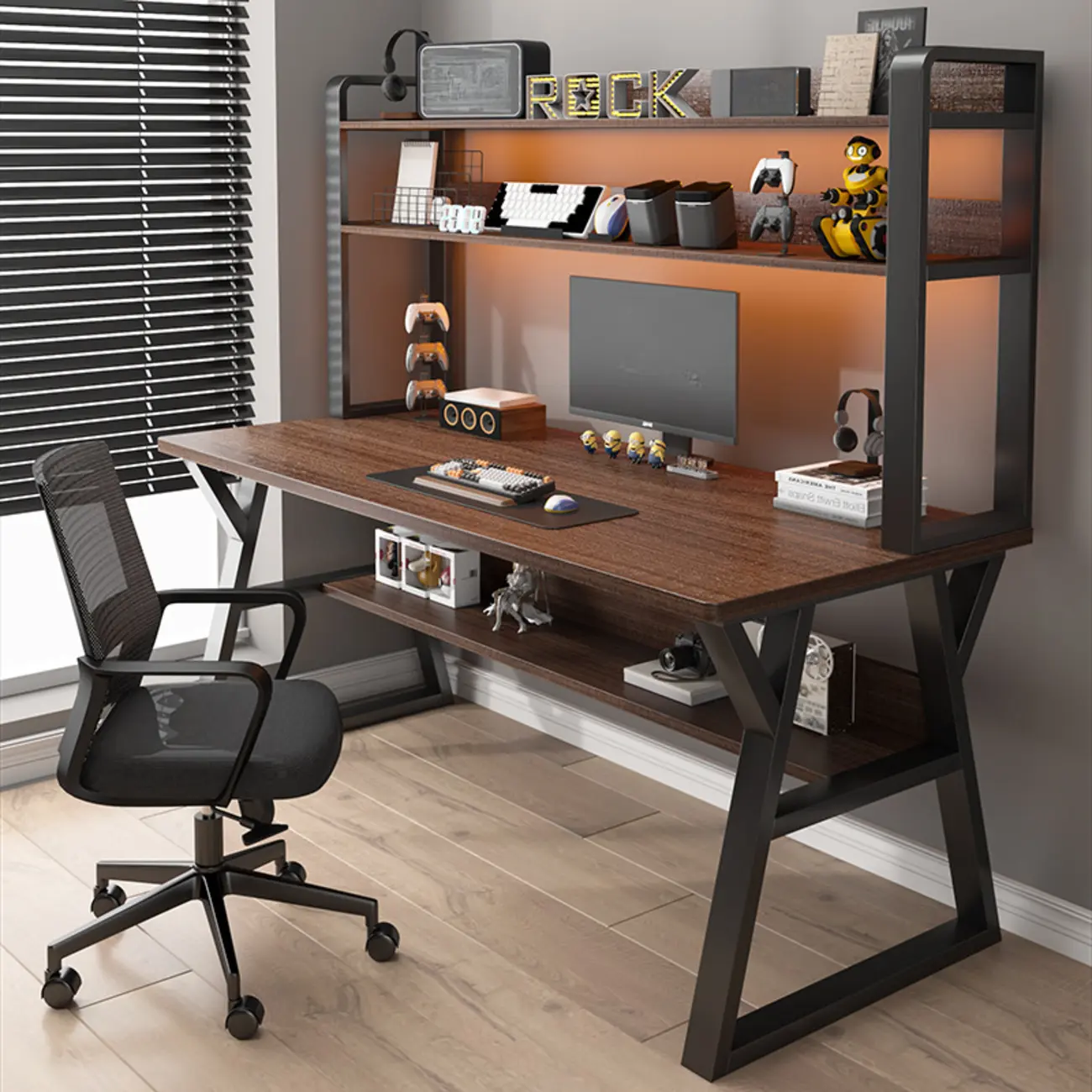 Elegant Wood Rectangular Office Desk with Hutch & Open Storage Image - 2 | homeyfad