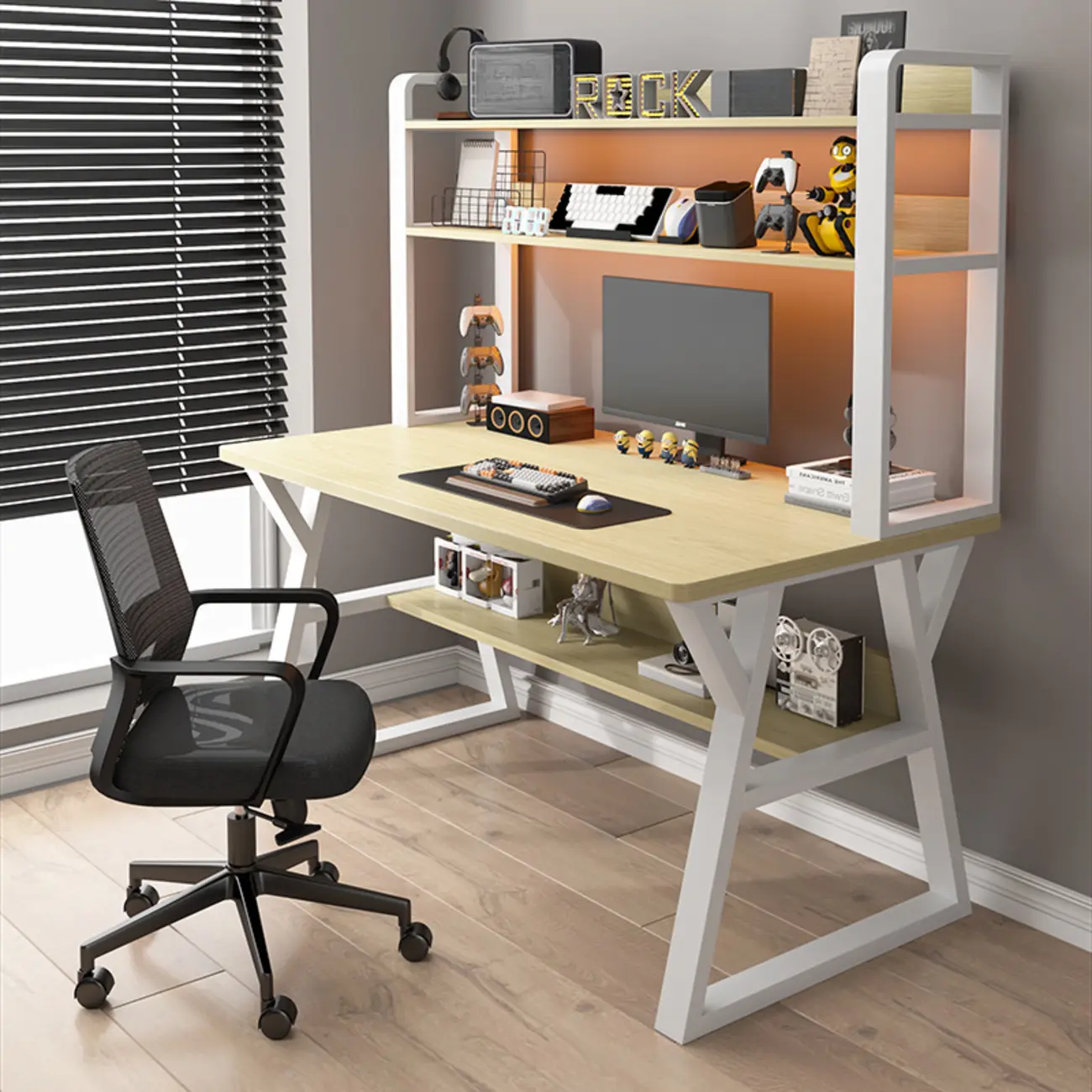 Elegant Wood Rectangular Office Desk with Hutch & Open Storage Image - 1 | homeyfad