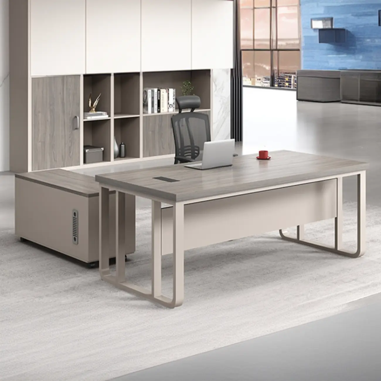 Large Contemporary Grey Wooden Sled Office Desk Image - 1 | homeyfad