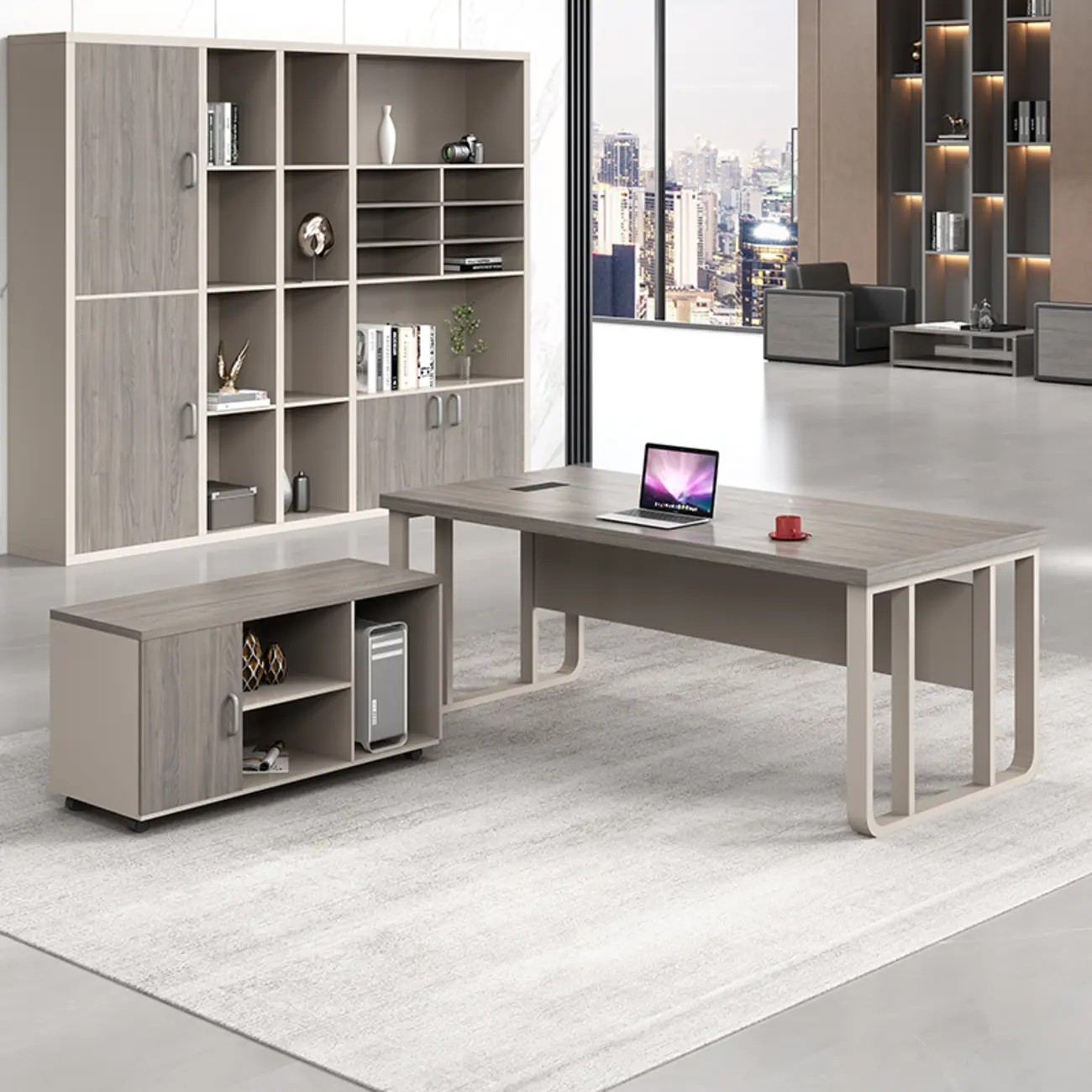 Large Contemporary Grey Wooden Sled Office Desk Image - 2 | homeyfad