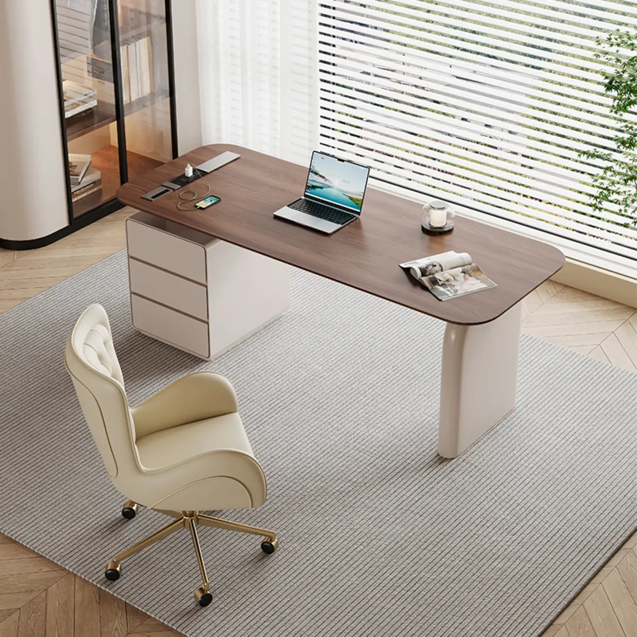 Large Sleek Walnut White Wooden 3-Drawers Office Desk Image - 1 | homeyfad