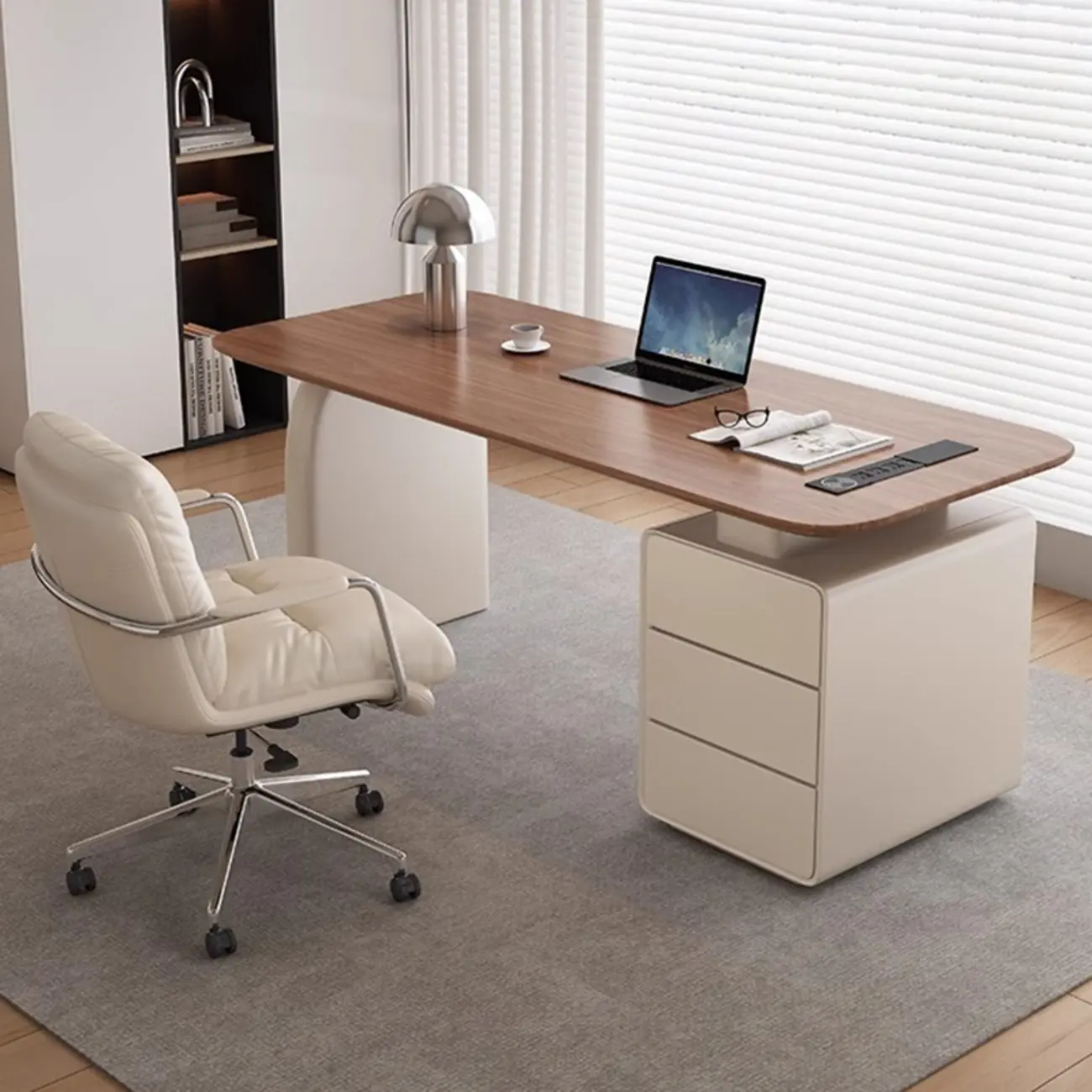 Large Sleek Walnut White Wooden 3-Drawers Office Desk Image - 2 | homeyfad