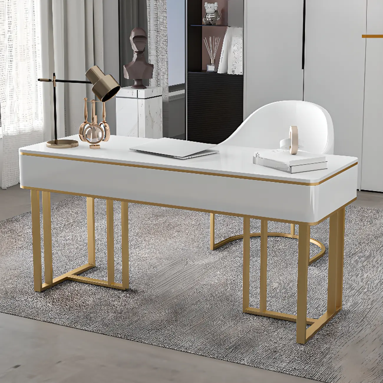 Elegant White Gold Metal Frame Long Office Desk Image - 1 | homeyfad