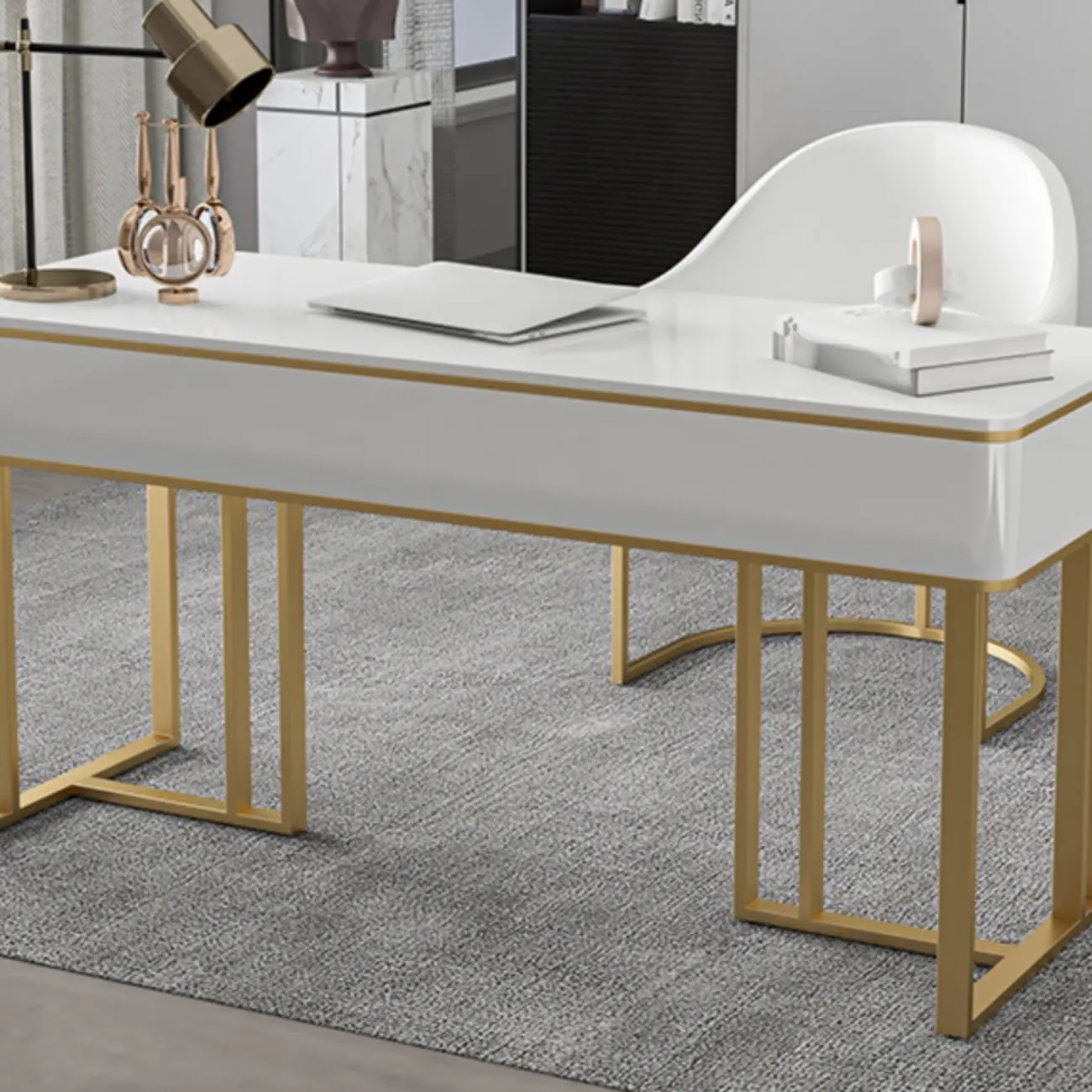 Elegant White Gold Metal Frame Long Office Desk Image - 2 | homeyfad