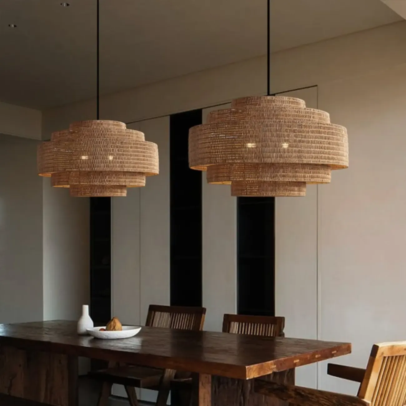 Oriental Brown Tiered Rattan Pendant Light for Dining Area Image - 1