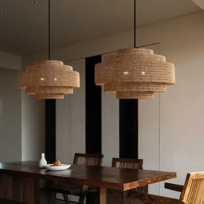 Oriental Brown Tiered Rattan Pendant Light for Dining Area Image - 1