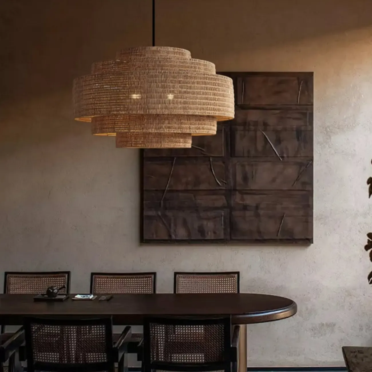 Oriental Brown Tiered Rattan Pendant Light for Dining Area Image - 2