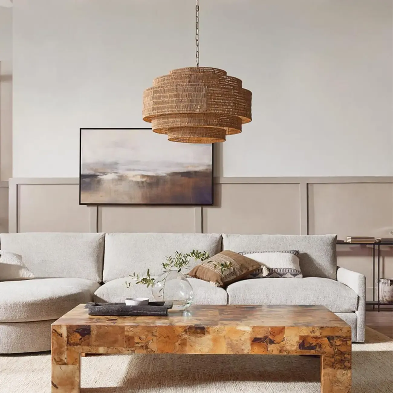 Oriental Brown Tiered Rattan Pendant Light for Dining Area Image - 4