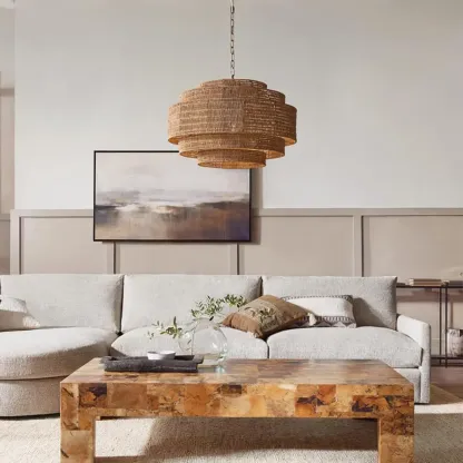 Oriental Brown Tiered Rattan Pendant Light for Dining Area Image - 4