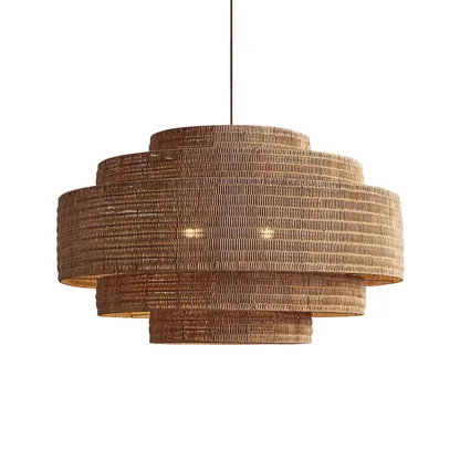 Oriental Brown Tiered Rattan Pendant Light for Dining Area Image - 5