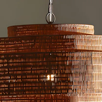 Oriental Brown Tiered Rattan Pendant Light for Dining Area Image - 11