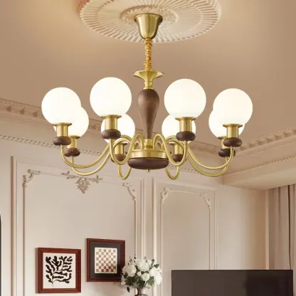 Mid-Century Brass Wood Chandelier with Globe Glass Shade Image - 1