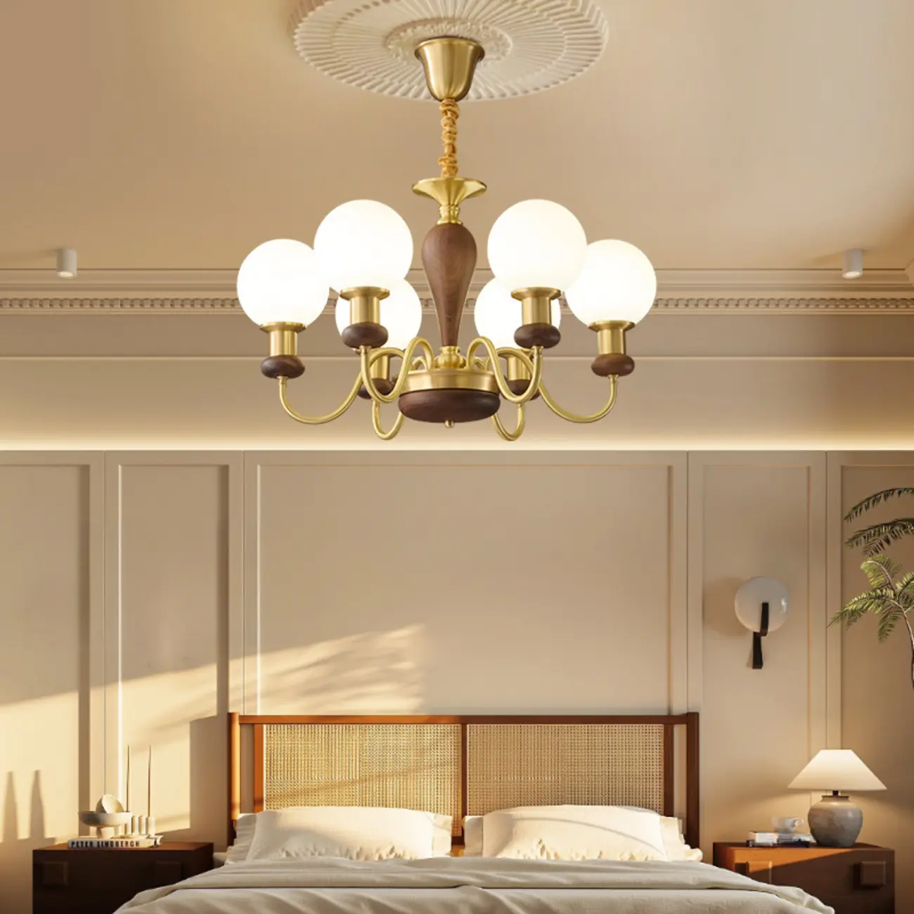 Mid-Century Brass Wood Chandelier with Globe Glass Shade Image - 3 | homeyfad