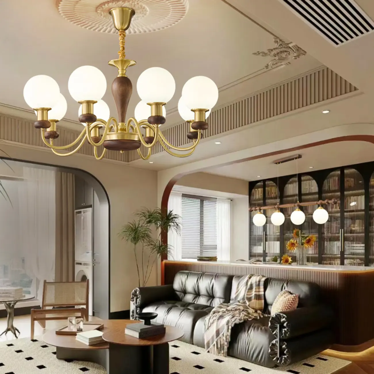 Mid-Century Brass Wood Chandelier with Globe Glass Shade Image - 4 | homeyfad