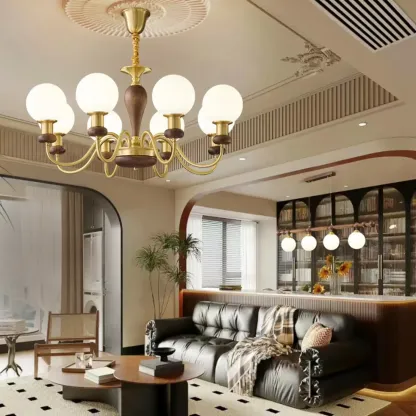 Mid-Century Brass Wood Chandelier with Globe Glass Shade Image - 4