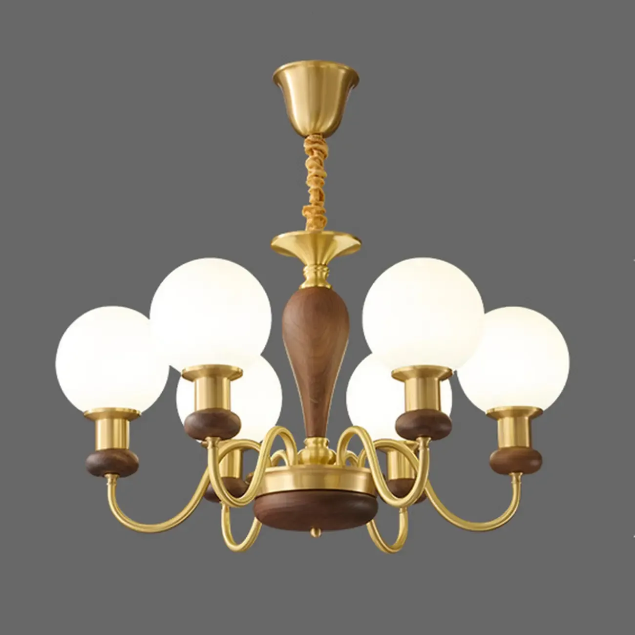 Mid-Century Brass Wood Chandelier with Globe Glass Shade Image - 9
