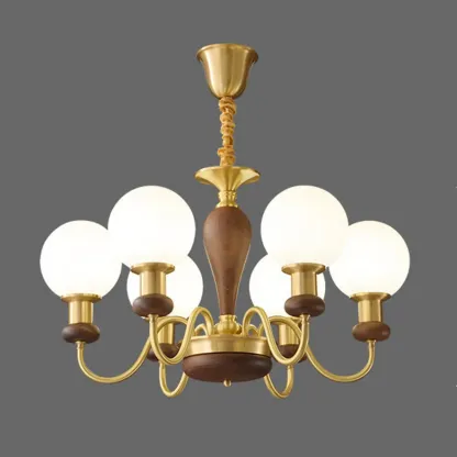 Mid-Century Brass Wood Chandelier with Globe Glass Shade Image - 9