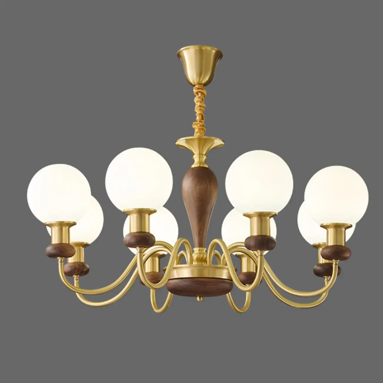 Mid-Century Brass Wood Chandelier with Globe Glass Shade Image - 10