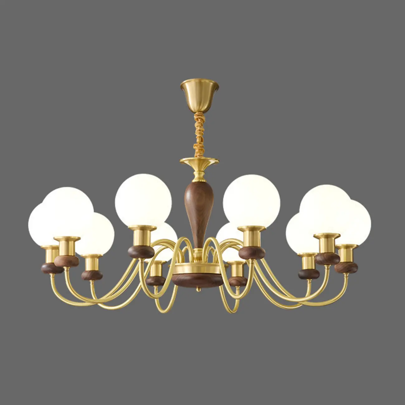 Mid-Century Brass Wood Chandelier with Globe Glass Shade Image - 11 | homeyfad