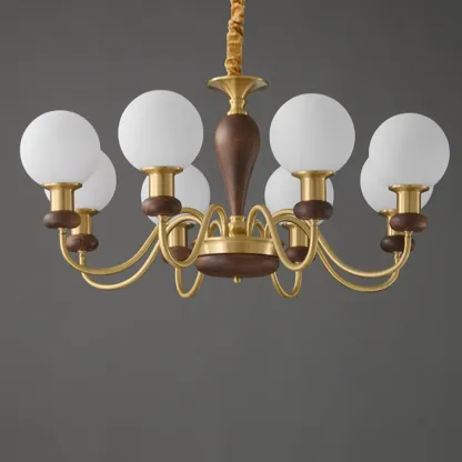 Mid-Century Brass Wood Chandelier with Globe Glass Shade Image - 12