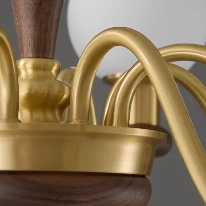 Mid-Century Brass Wood Chandelier with Globe Glass Shade Image - 5