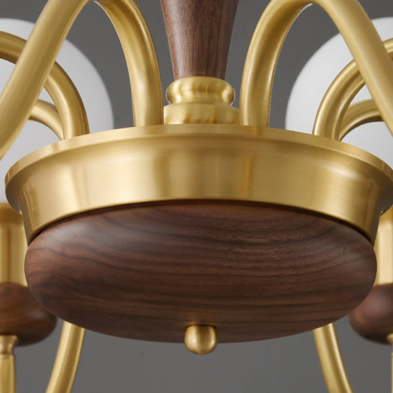 Mid-Century Brass Wood Chandelier with Globe Glass Shade Image - 7 | homeyfad