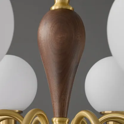 Mid-Century Brass Wood Chandelier with Globe Glass Shade Image - 6
