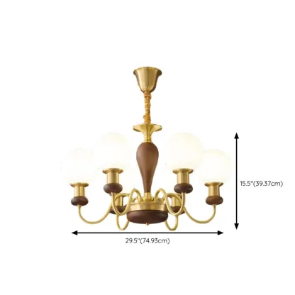 Mid-Century Brass Wood Chandelier with Globe Glass Shade #size