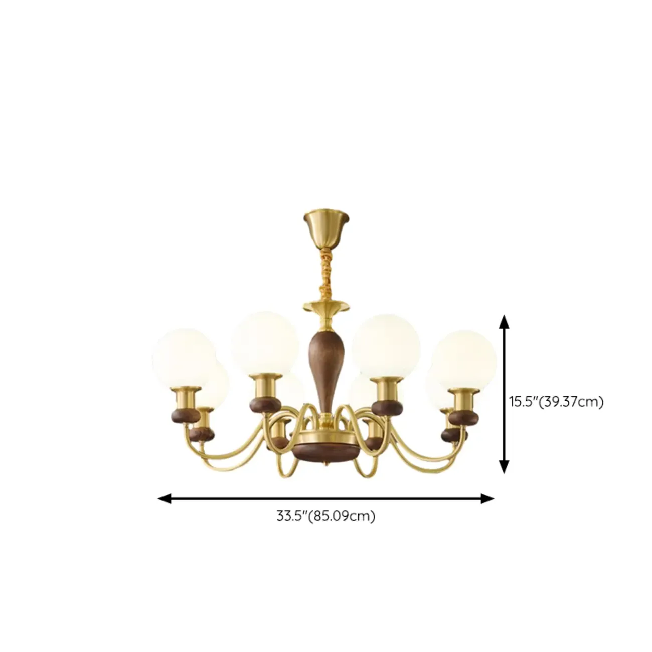 Mid-Century Brass Wood Chandelier with Globe Glass Shade Image - 14