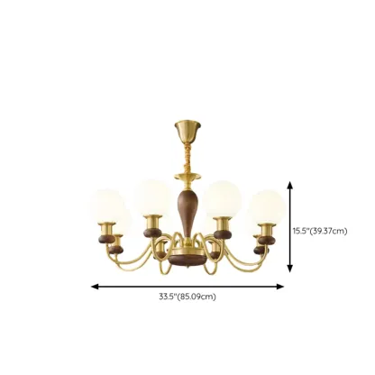 Mid-Century Brass Wood Chandelier with Globe Glass Shade Image - 14