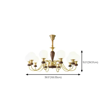 Mid-Century Brass Wood Chandelier with Globe Glass Shade Image - 15