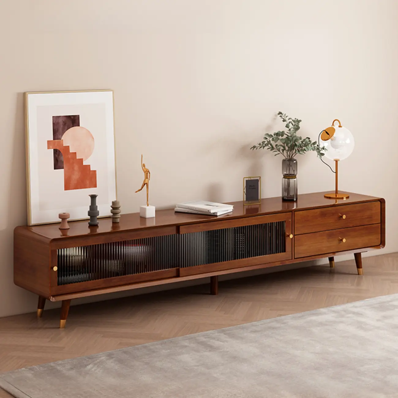 Long Brown 2-Drawer Pine Modern TV Stand with Cabinet Image - 1 | homeyfad