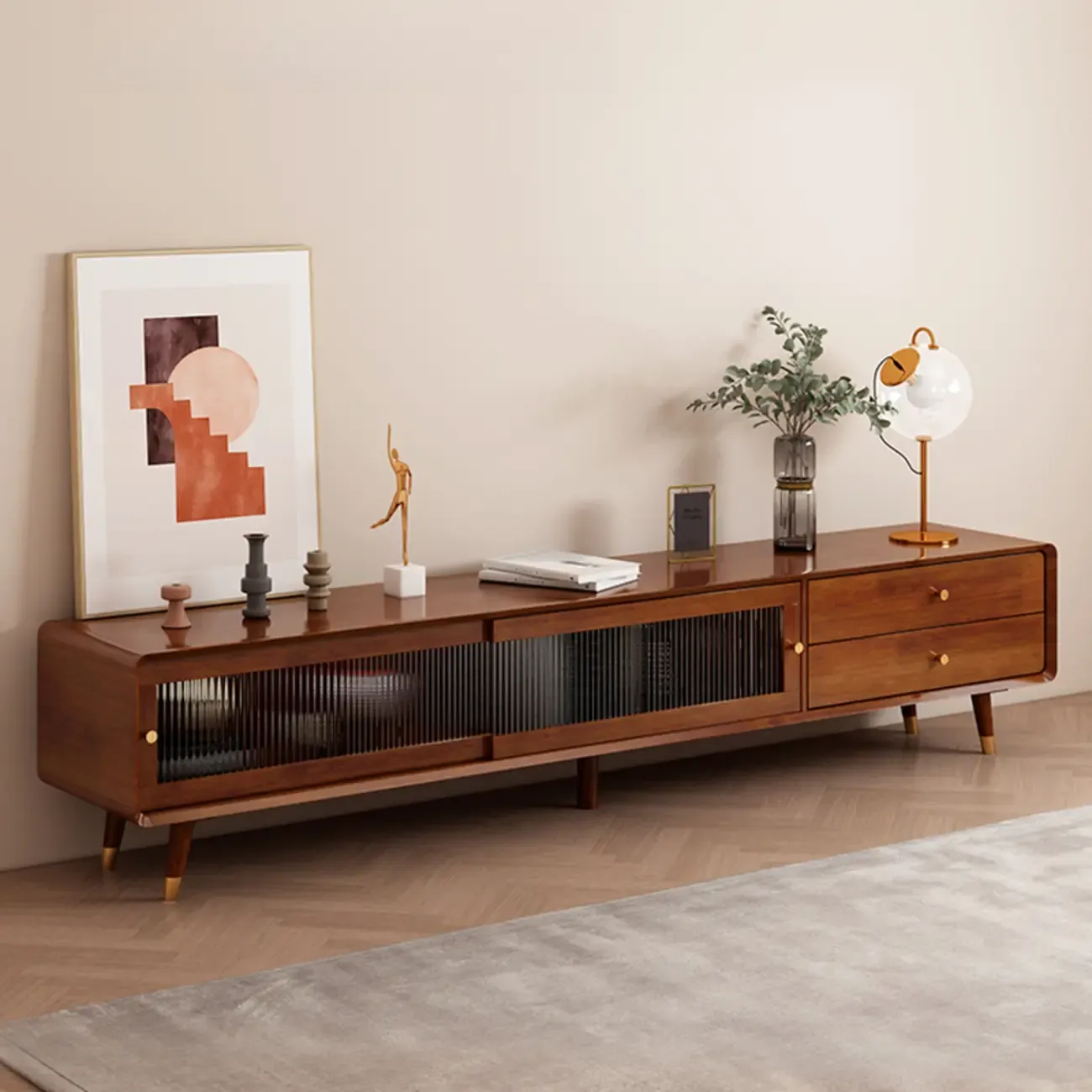 Long Brown 2-Drawer Pine Modern TV Stand with Cabinet Image - 1