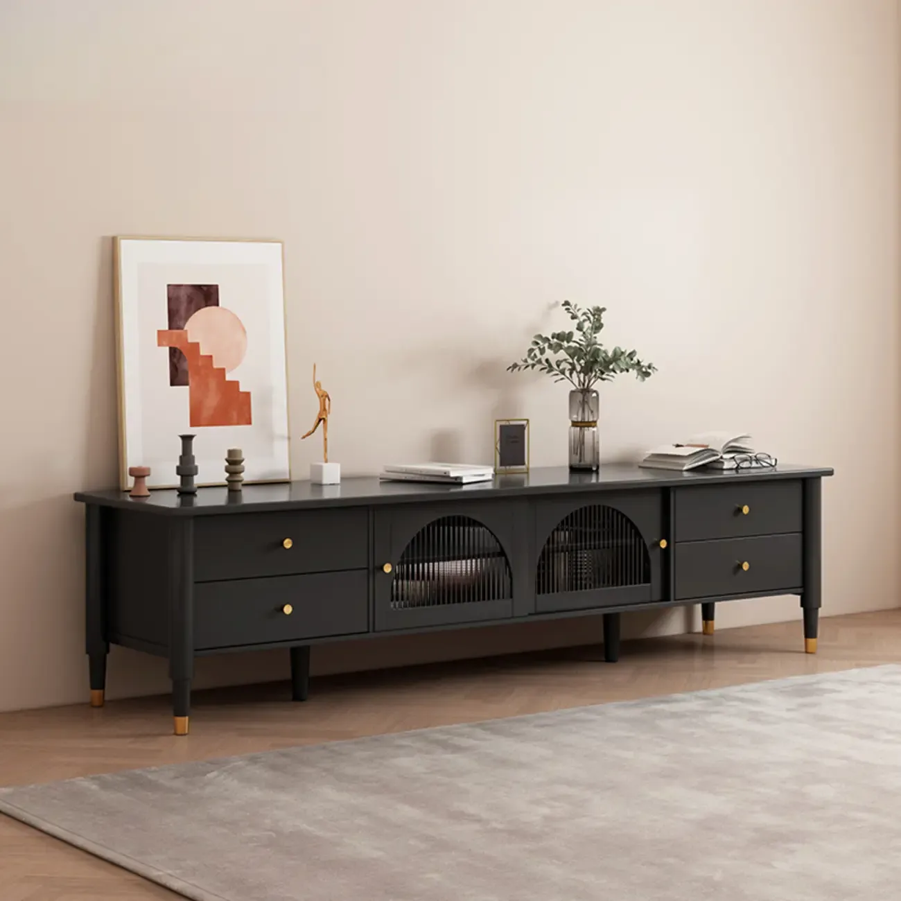 Long Brown 2-Drawer Pine Modern TV Stand with Cabinet Image - 2