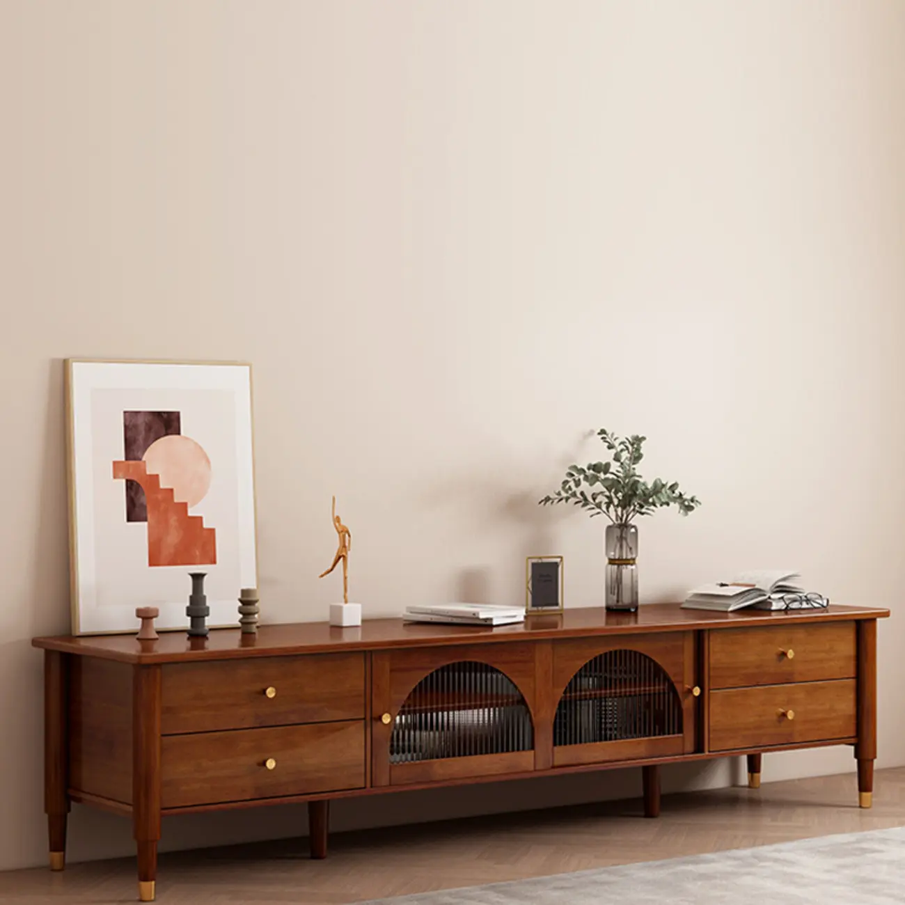 Long Brown 2-Drawer Pine Modern TV Stand with Cabinet Image - 3 | homeyfad