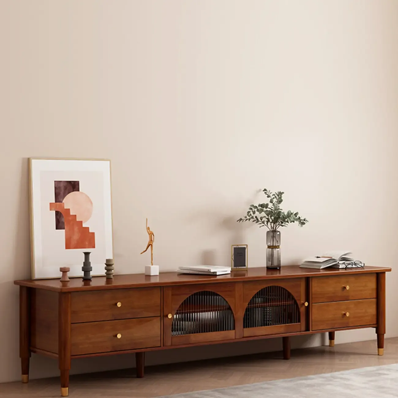 Long Brown 2-Drawer Pine Modern TV Stand with Cabinet Image - 3