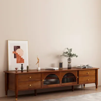 Long Brown 2-Drawer Pine Modern TV Stand with Cabinet Image - 3