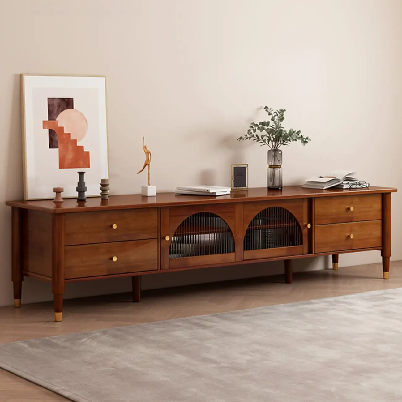 Long Brown 2-Drawer Pine Modern TV Stand with Cabinet Image - 4