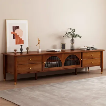 Long Brown 2-Drawer Pine Modern TV Stand with Cabinet Image - 4