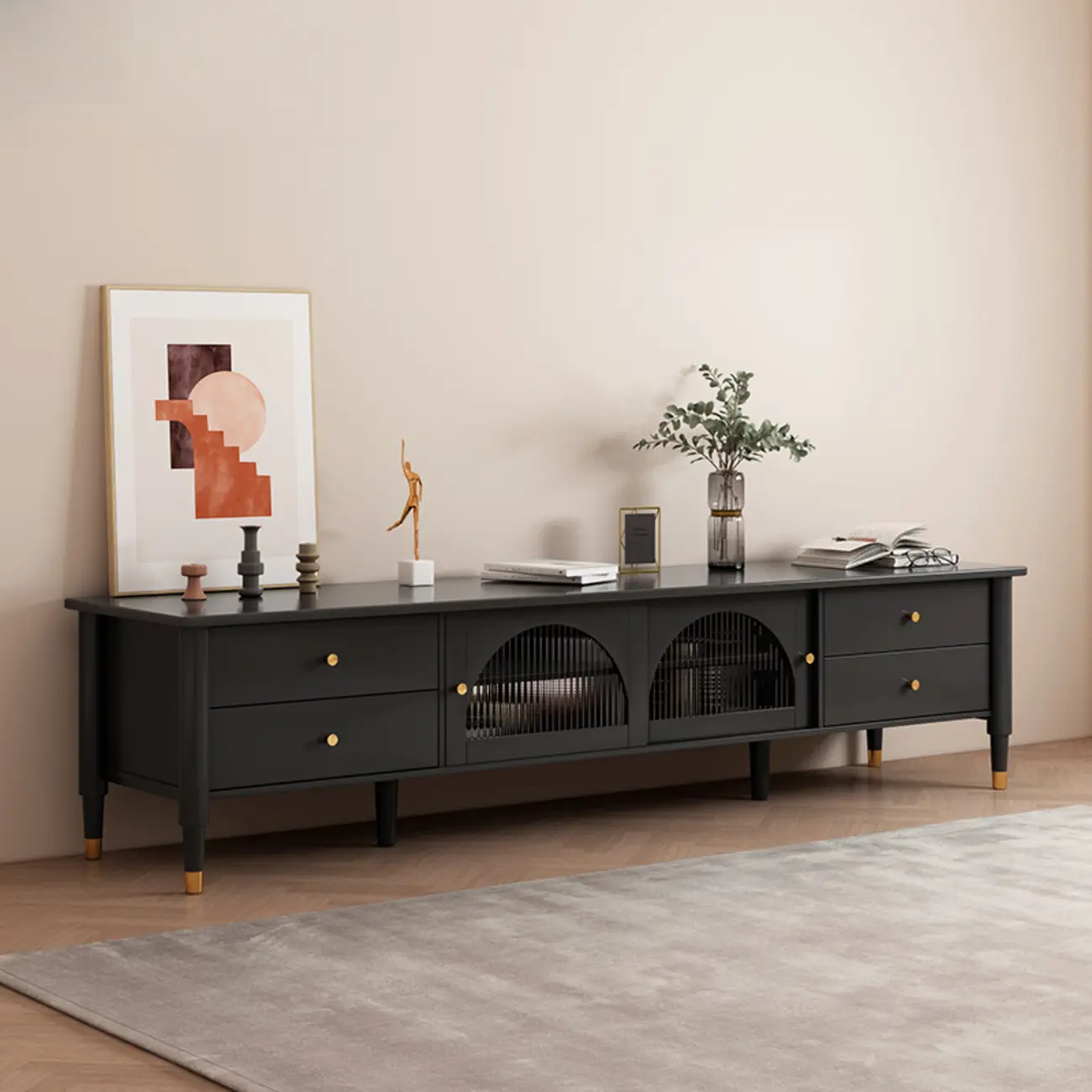 Long Brown 2-Drawer Pine Modern TV Stand with Cabinet Image - 5 | homeyfad