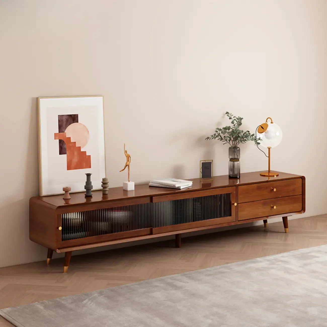 Long Brown 2-Drawer Pine Modern TV Stand with Cabinet Image - 13