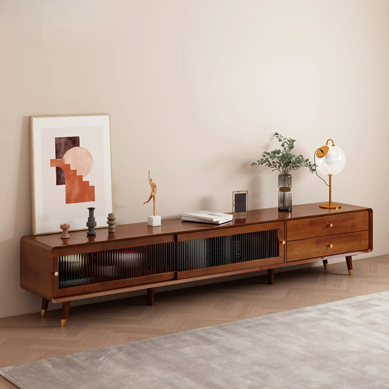 Long Brown 2-Drawer Pine Modern TV Stand with Cabinet Image - 14 | homeyfad