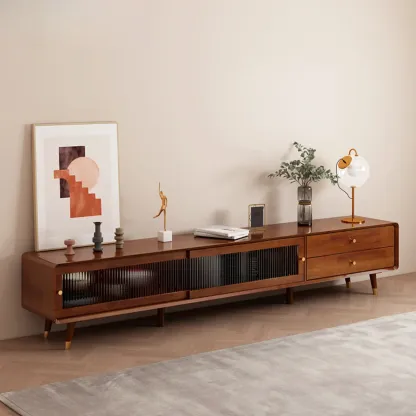 Long Brown 2-Drawer Pine Modern TV Stand with Cabinet Image - 14