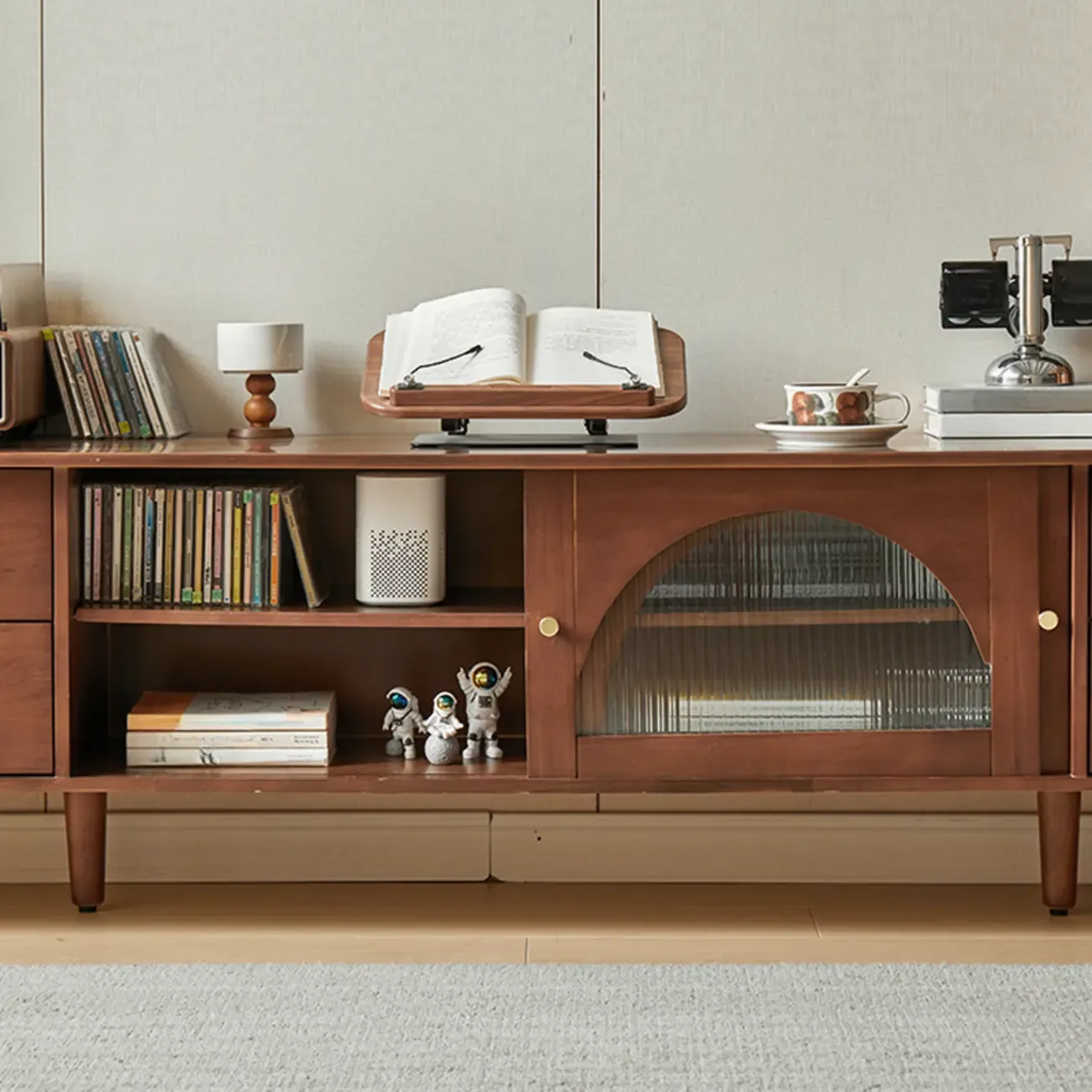 Long Brown 2-Drawer Pine Modern TV Stand with Cabinet Image - 12