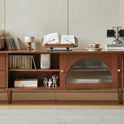 Long Brown 2-Drawer Pine Modern TV Stand with Cabinet Image - 12