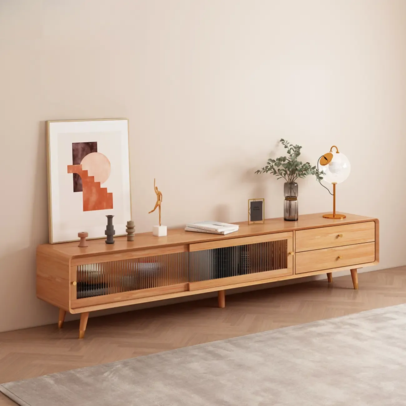 Long Brown 2-Drawer Pine Modern TV Stand with Cabinet Image - 15
