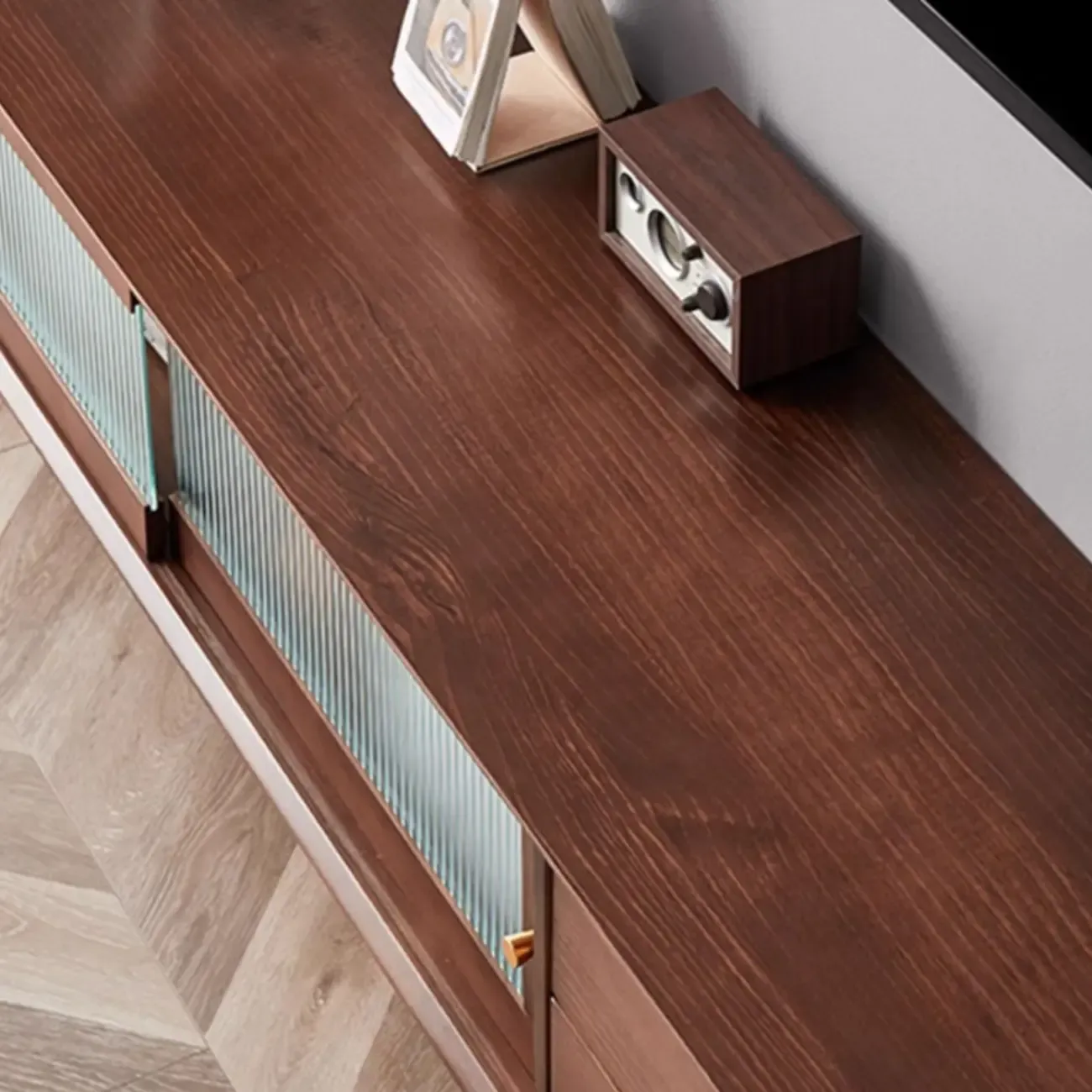 Long Brown 2-Drawer Pine Modern TV Stand with Cabinet Image - 8