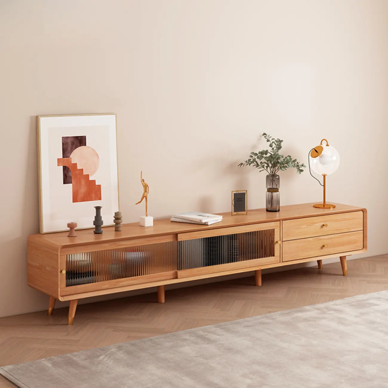 Long Brown 2-Drawer Pine Modern TV Stand with Cabinet Image - 16 | homeyfad