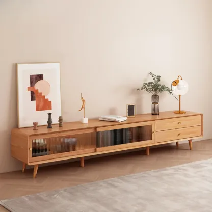 Long Brown 2-Drawer Pine Modern TV Stand with Cabinet Image - 17