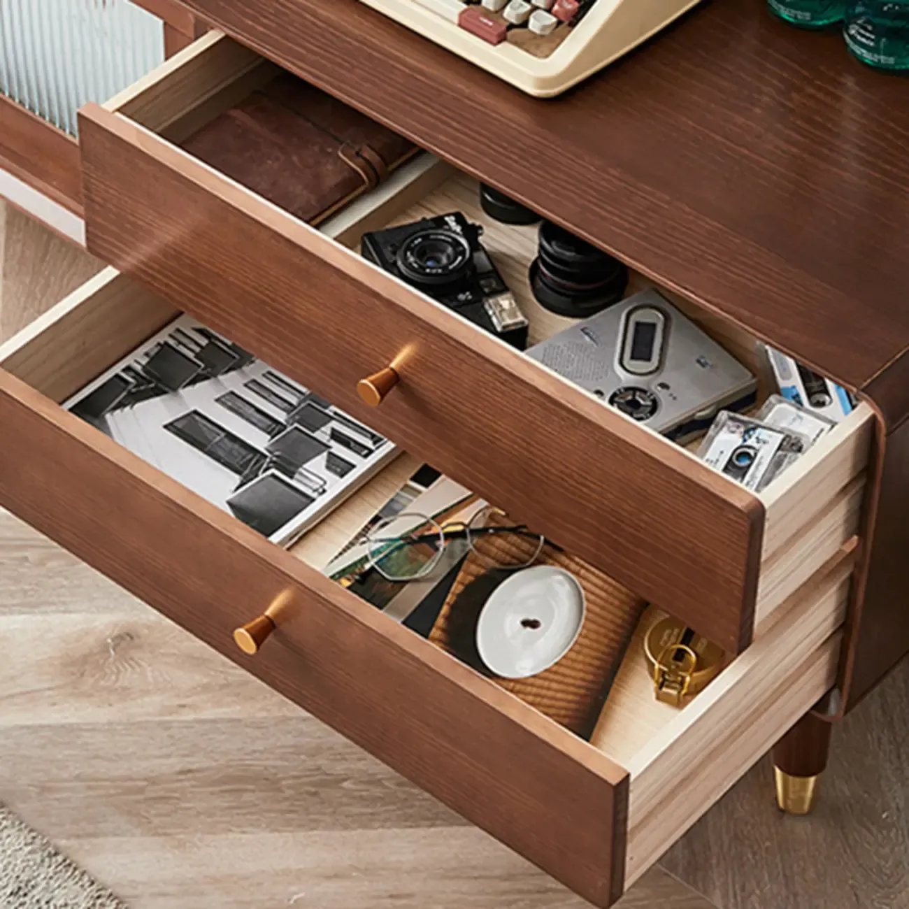 Long Brown 2-Drawer Pine Modern TV Stand with Cabinet Image - 10